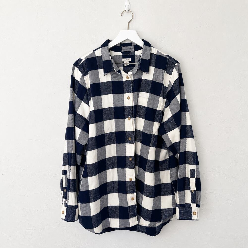 L.L.Bean Organic Flannel Shirt Womens XL Navy Cream Buffalo Plaid Cotton